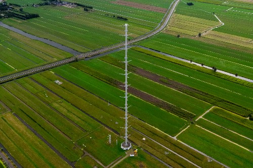 The measurements of HFC-23 and other by-products of Teflon manufacture, and of the emitted tracer gas were carried out at the Cabauw tall tower in the Netherlands. The 213-meter mast, as pictured, is operated by the Royal Netherlands Meteorological Institute (KNMI).